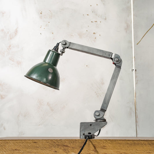 Vintage Industrial Machine Lamp by EDL England, Gray 1950s 2 arm Workshop Desk lamp, Restored and renovated Task Lamp, Articulated Lighting