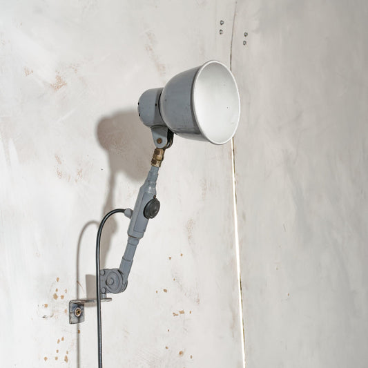 Small SIS Wall Lamp Swing Arm 1950s, Bauhaus Retro Gray Vintage Wall mounted light or Desk Mounted Lamp, Factory Machinery drawing lamp