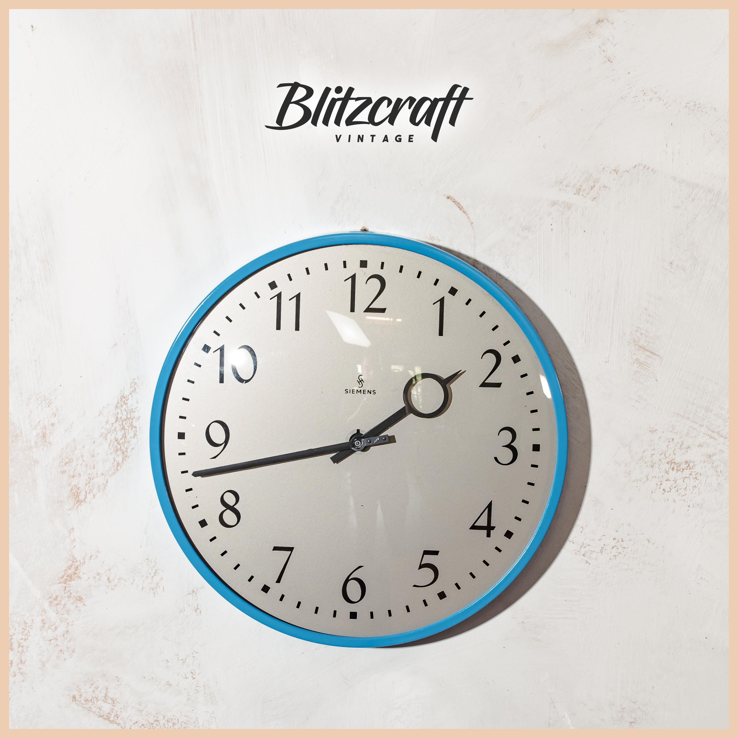 Retro Blue Wall Clock by Siemens 1970s, Classy Design Clockwork, Kitchen Decor, Converted to Quartz Mechanism on battery, Diameter 28CM