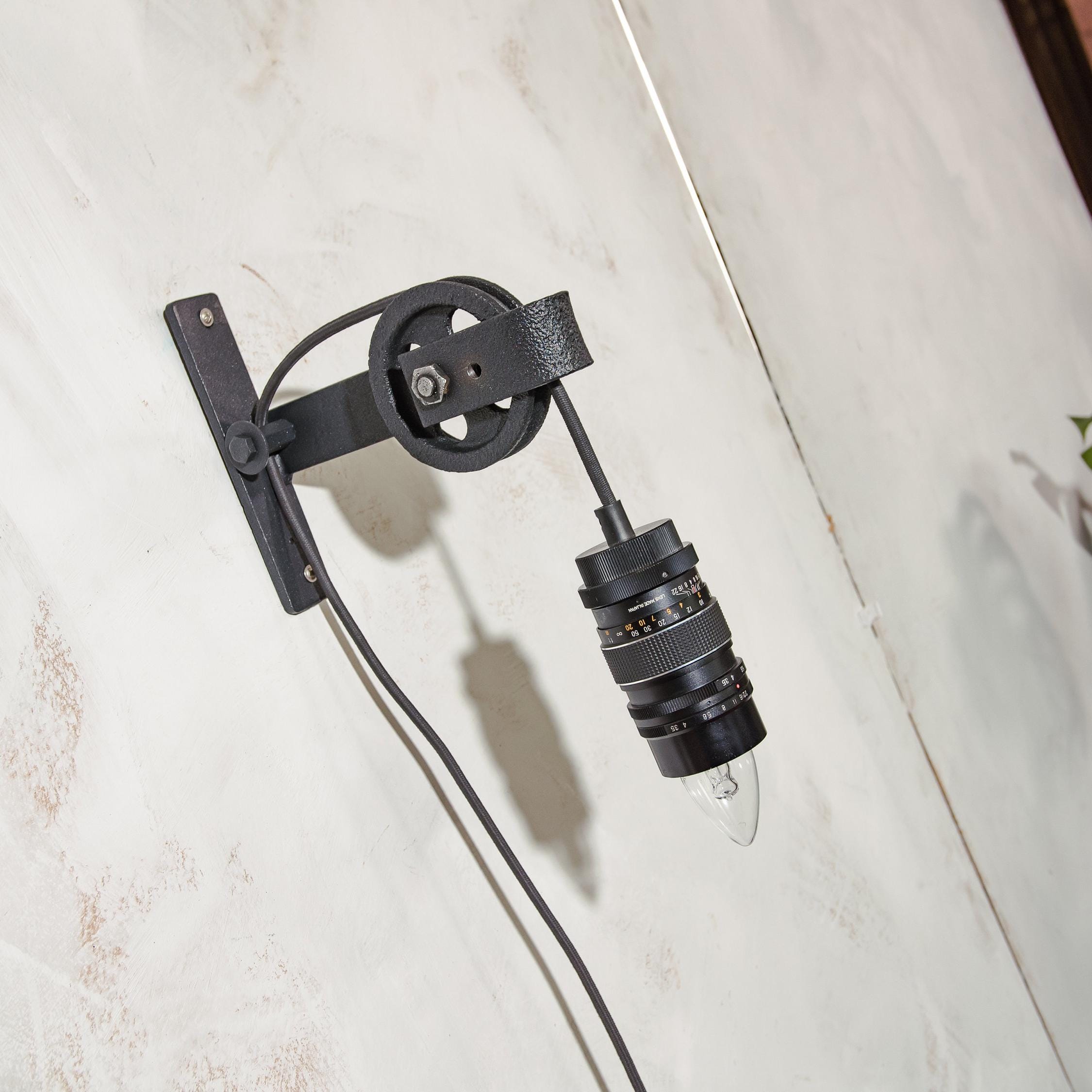 Camera Lens Wall lamp, Upcycled Pulley light, gift for Photographers, 135 mm Lens lamp, Vintage Industrial Pulley, repurposed lighting