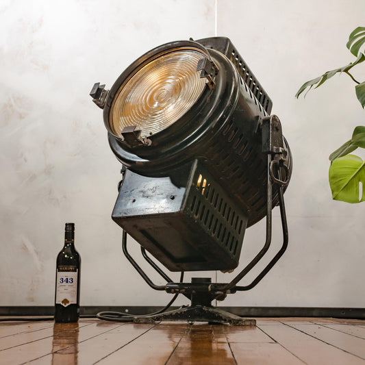 Huge Theater Lamp, 10KW Barrandov 1950s Film Spotlight, Black Studio lamp, Vintage Patina Czech Video lighting, Café Restaurant