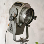 Antique A.E. Cremer Paris 1950s Gray Film Spotlight on Original Tripod, Theatre lamp, Industrial Retro Fresnel Floor lamp, Art deco lighting