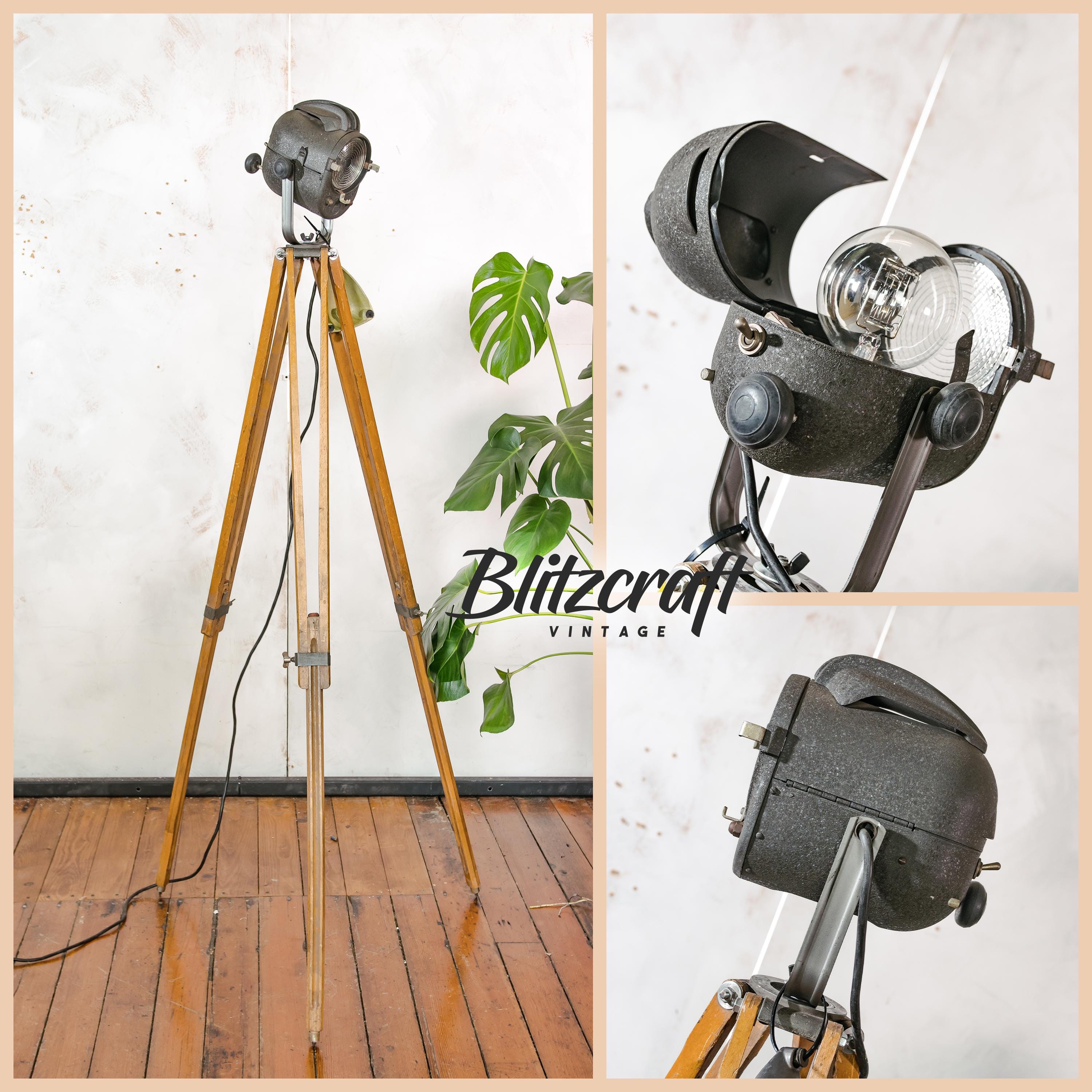 Vintage LITA Franse theaterlamp uit de jaren 50 op houten statief, unieke Fresnel podiumlamp vloerlamp, geheel origineel in nieuwstaat