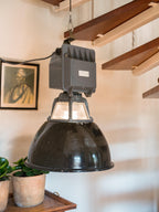 Large industrial Ватра Soviet Pendant Lamp, Unique Vintage Factory Ceiling Light with glass and Enamel