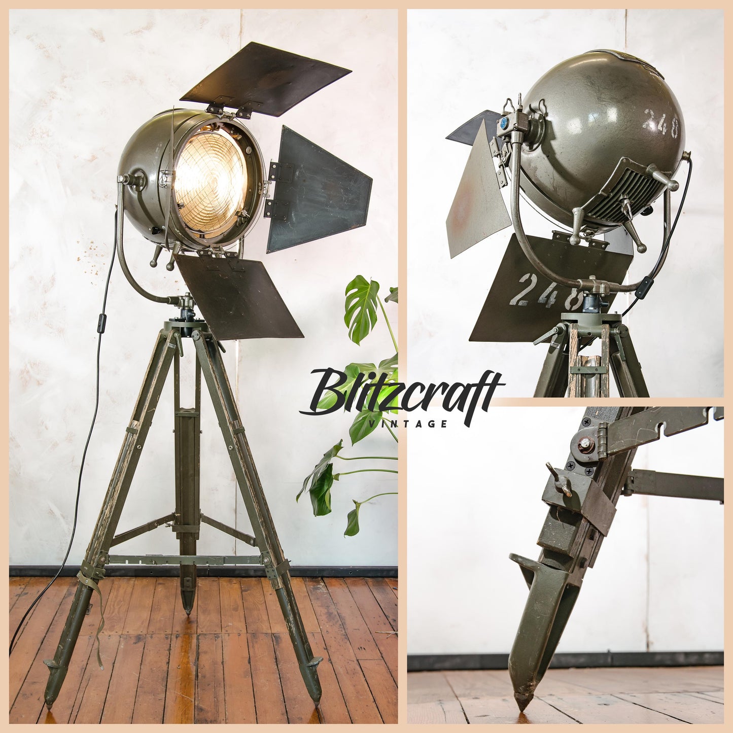 Mole Richardson 612 Sputnik Hollywood Movie Spotlight 1950s on Wooden Army Tripod, Large Upcycled unique Designer Theatre Floor lamp