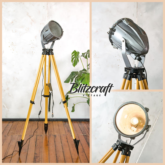 Gray 1970s CCCP Soviet Projector on Surveying Tripod, Rocket Shaped industrial Floor lamp, Vintage Factory standard light