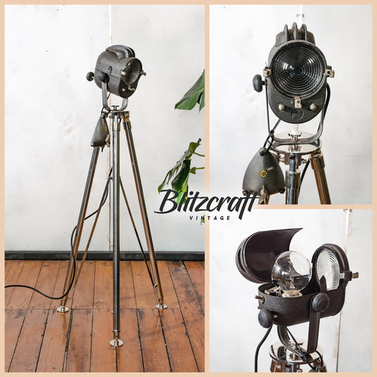 French LITA Theatre Spotlight 1950s on Chrome Tripod Floor Lamp, Fresnel Stage light Floor lamp, Original and Mint condition