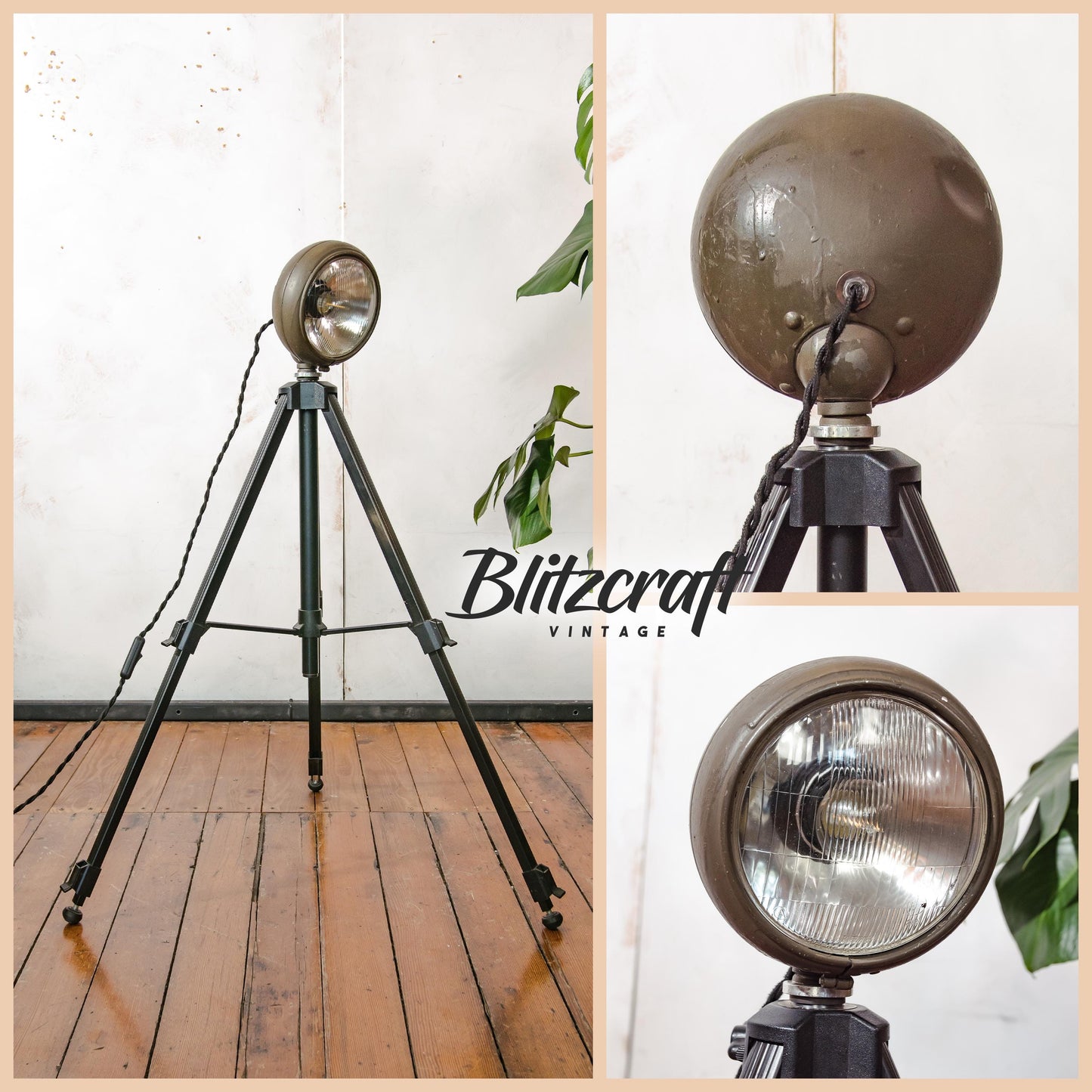 Vintage militaire koplamp op aluminium fotografiestatief vloerlamp, leger schijnwerper standaardlamp die kan worden omgebouwd tot bureaulamp