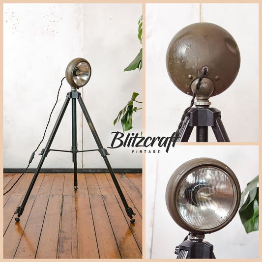 Vintage Military Headlight on Aluminum Photography Tripod Floor Lamp, Army Spotlight Standard Light that can be converted into Desk lamp