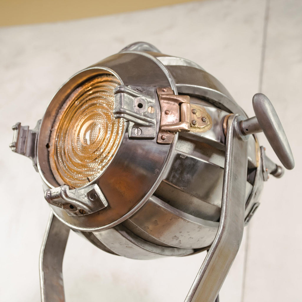 1930s Hewitt Universal Antique Hollywood Film Spotlight Floor Lamp Wooden Surveyors Tripod, Polished Theatre Projector, Collectors Item