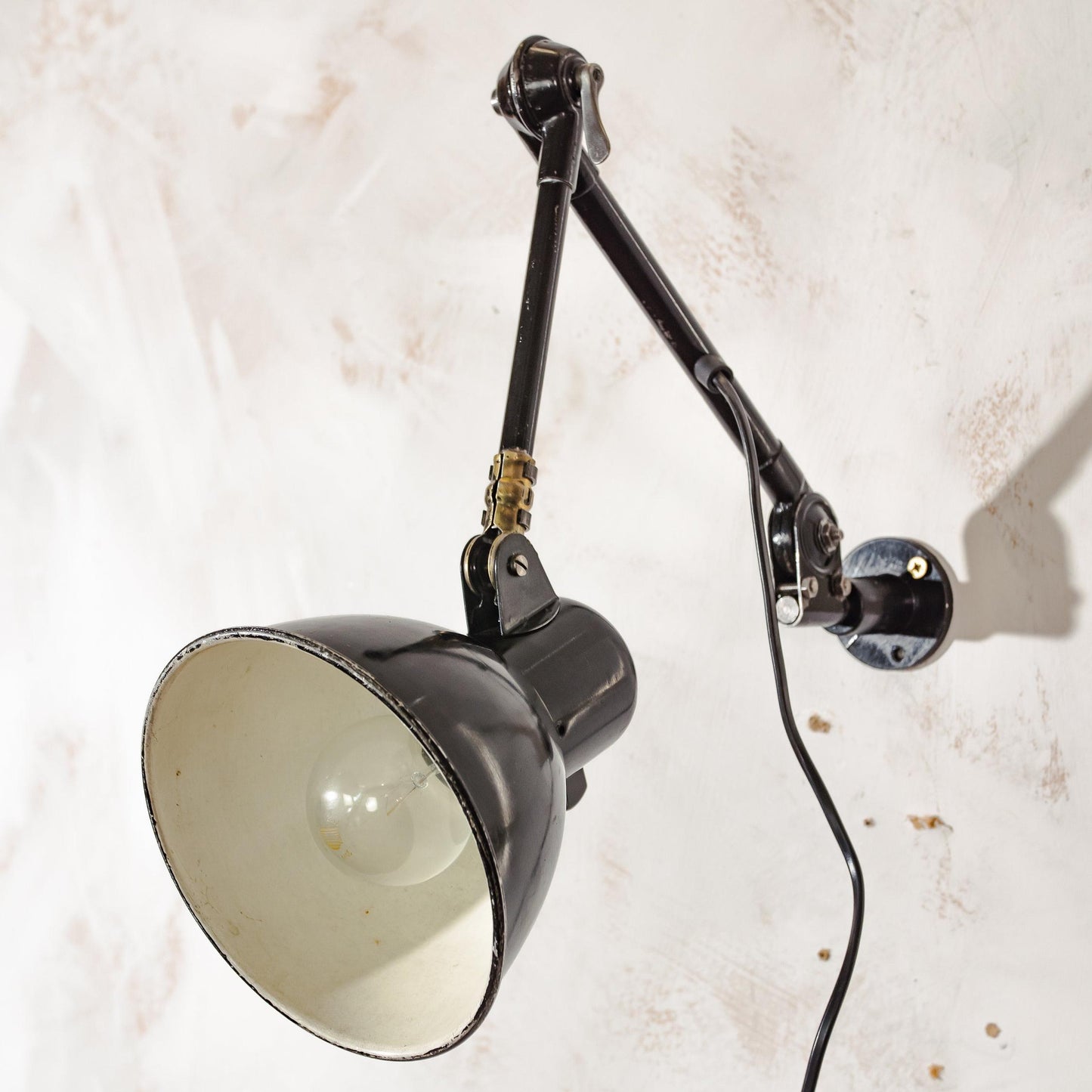 SIS Swing Arm Lamp 1950s, Bauhaus Black Vintage Desk light or Wall Mounted Lamp, Art Deco lighting, Vintage Factory Machinery lamps