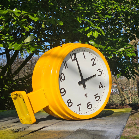 Double sided Station Clock by TN, Retro Orange Wall or Ceiling Clock, 1970s TeleNorma Timepiece, Retro Double Faced