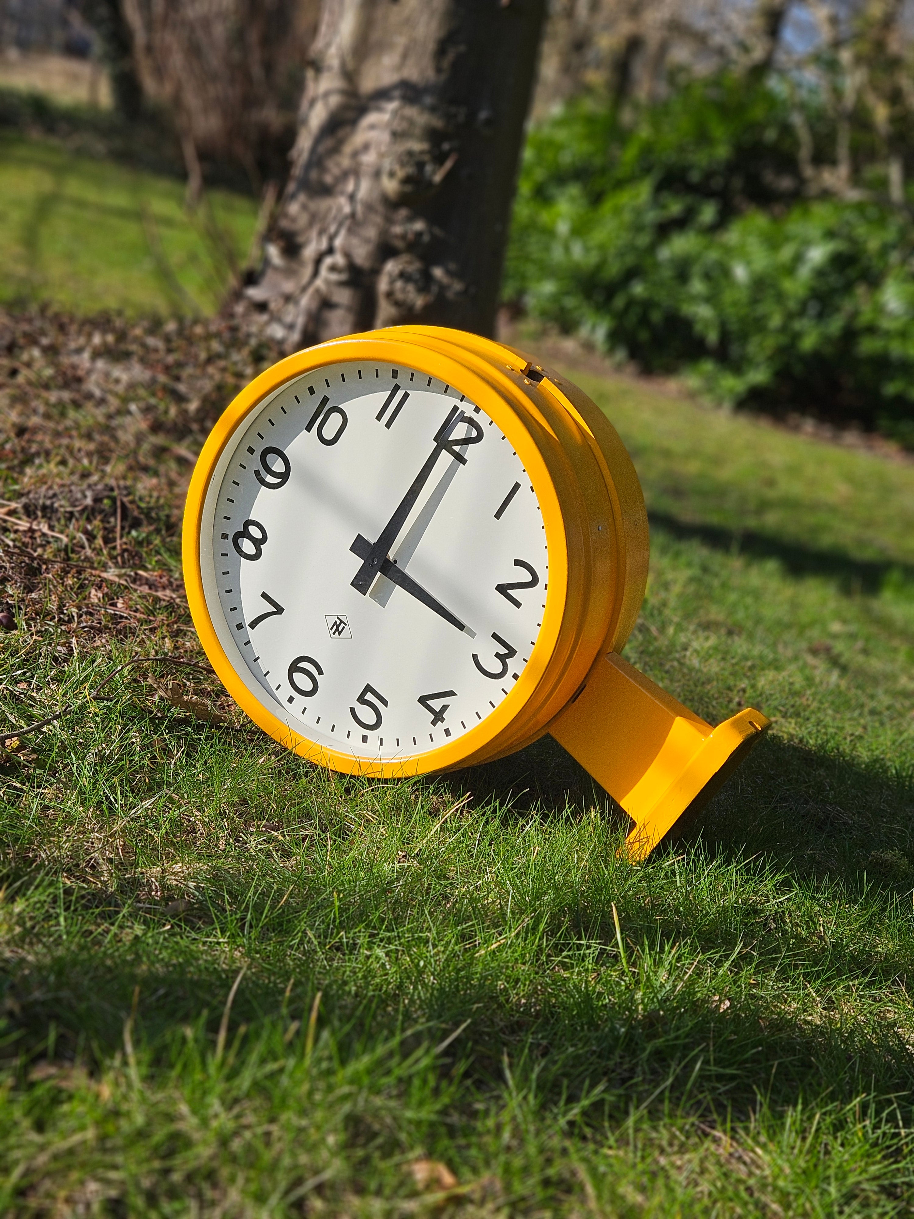 Double sided Station Clock by TN, Retro Orange Wall or Ceiling Clock, 1970s TeleNorma Timepiece, Retro Double Faced