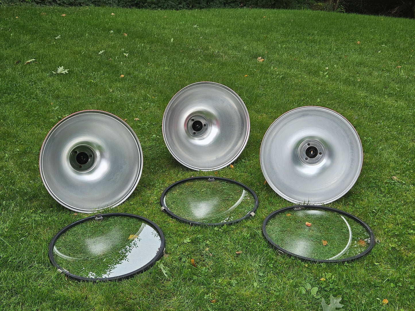 CUSTOM ORDER KARLA - 3 X PHILIPS PENDANT 1950s RED / SILVER + Glass Lens