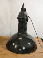 Vintage High Gloss Black Factory Pendant Light Philips Industrial 1950s, white inside Enamel  - Upcycled Aluminium Hanging lamp
