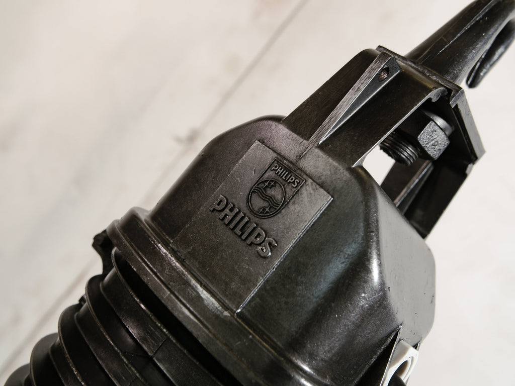Vintage High Gloss Black Factory Pendant Light Philips Industrial 1950s, white inside Enamel  - Upcycled Aluminium Hanging lamp