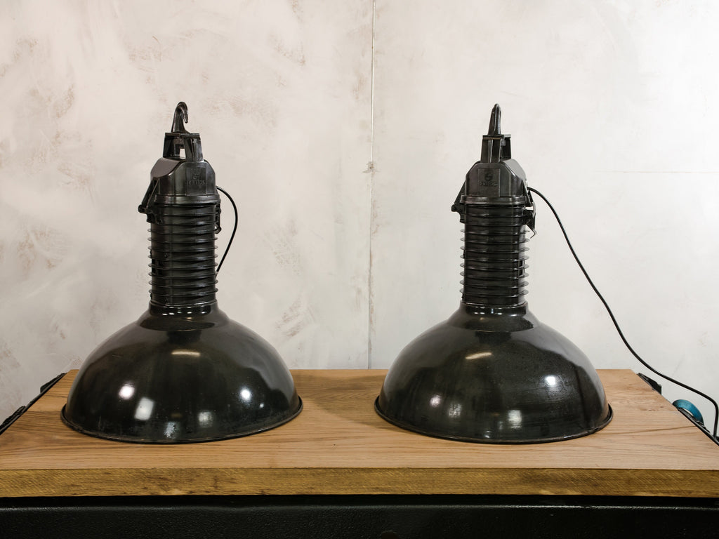 Vintage High Gloss Black Factory Pendant Light Philips Industrial 1950s, white inside Enamel  - Upcycled Aluminium Hanging lamp