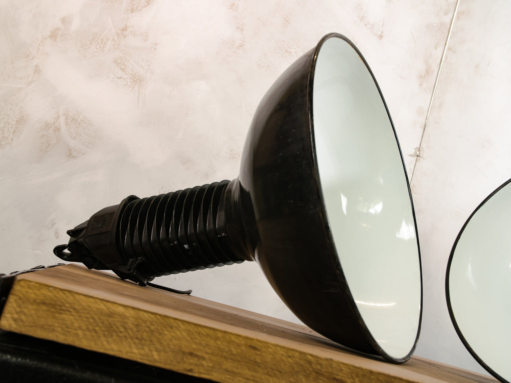 Vintage High Gloss Black Factory Pendant Light Philips Industrial 1950s, white inside Enamel  - Upcycled Aluminium Hanging lamp