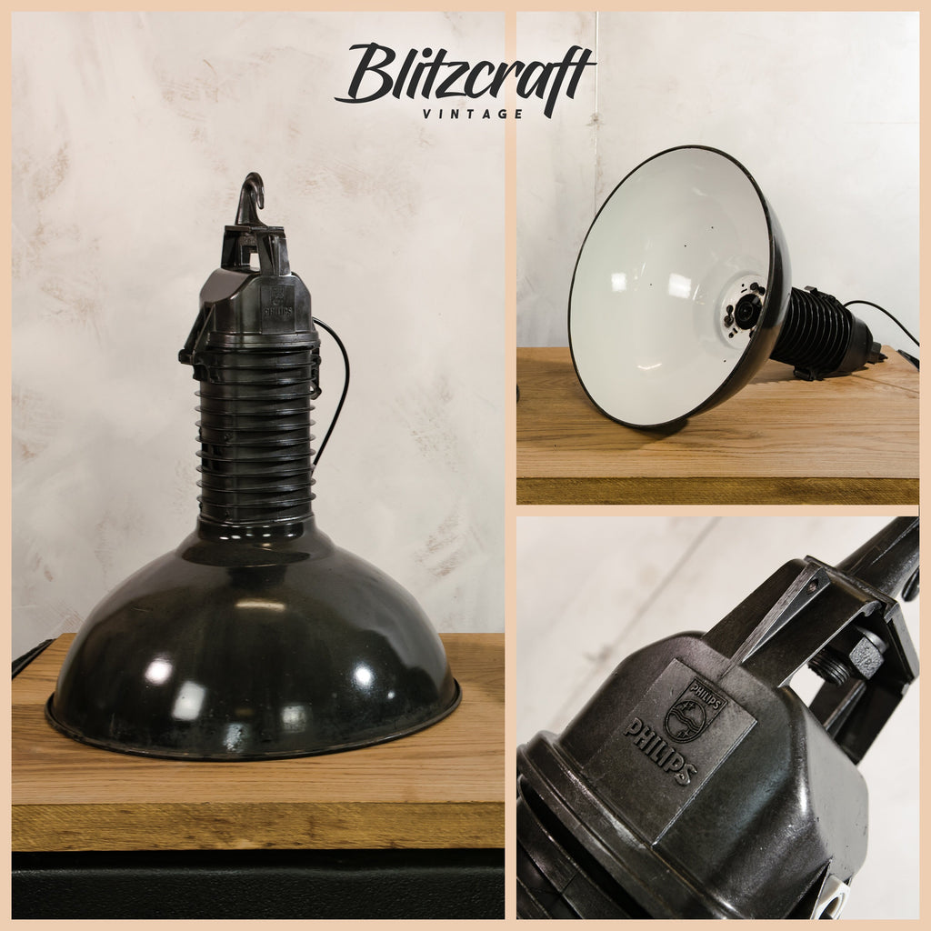Vintage High Gloss Black Factory Pendant Light Philips Industrial 1950s, white inside Enamel  - Upcycled Aluminium Hanging lamp