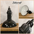 Vintage High Gloss Black Factory Pendant Light Philips Industrial 1950s, white inside Enamel  - Upcycled Aluminium Hanging lamp