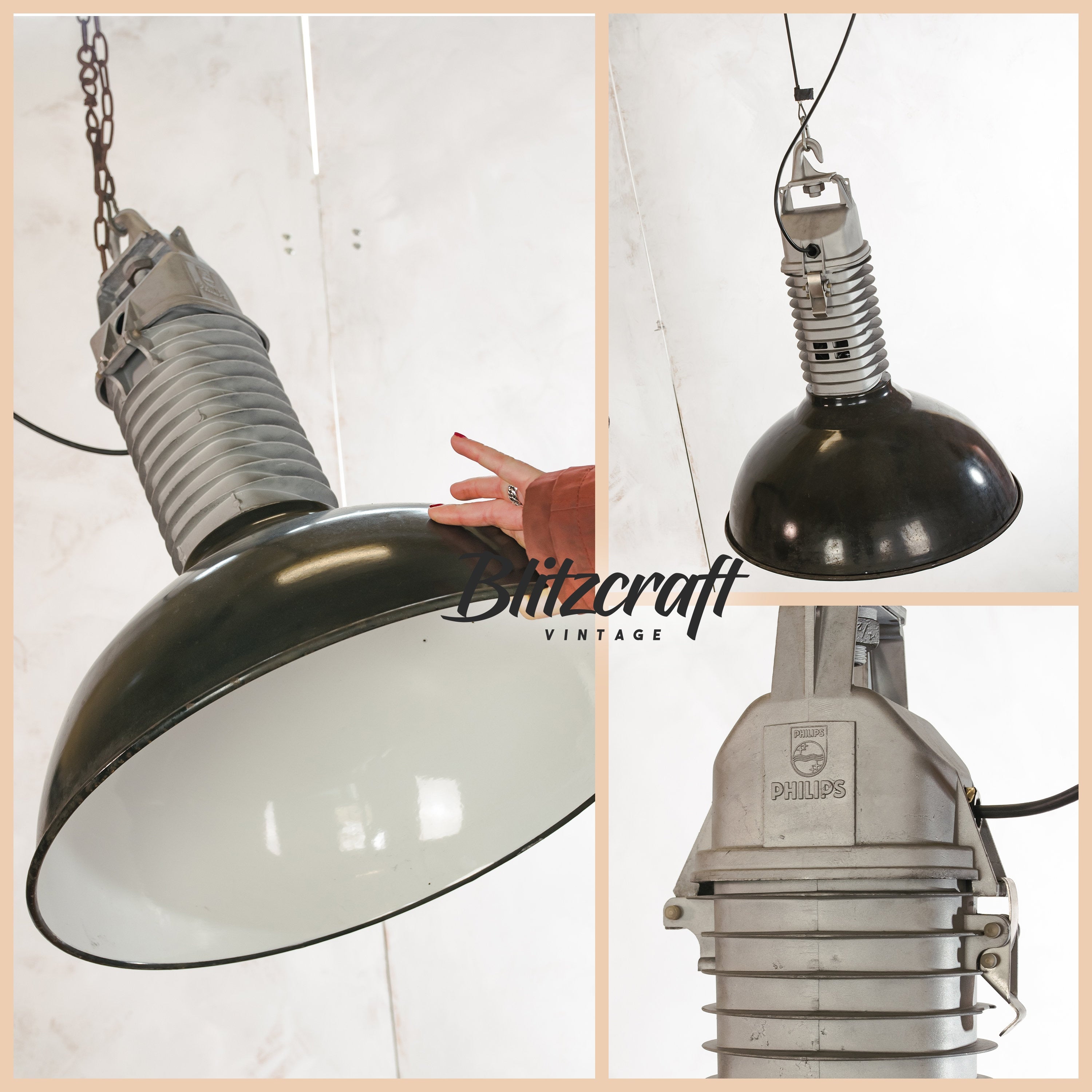 Industriële zwarte emaille hanglamp jaren 50, vintage Philips HDK 250, XXL fabriekslamp, keuken hangende schuurlamp