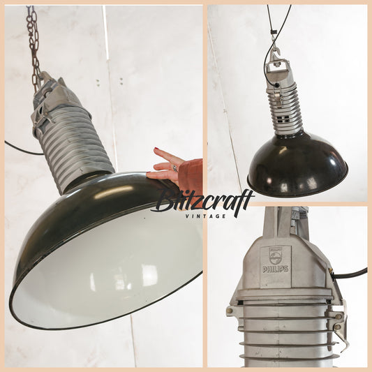 Industrial Black Enamel Pendant Light 1950s, Vintage Philips HDK 250, XXL Factory Lamp, Kitchen Hanging Barn lamp